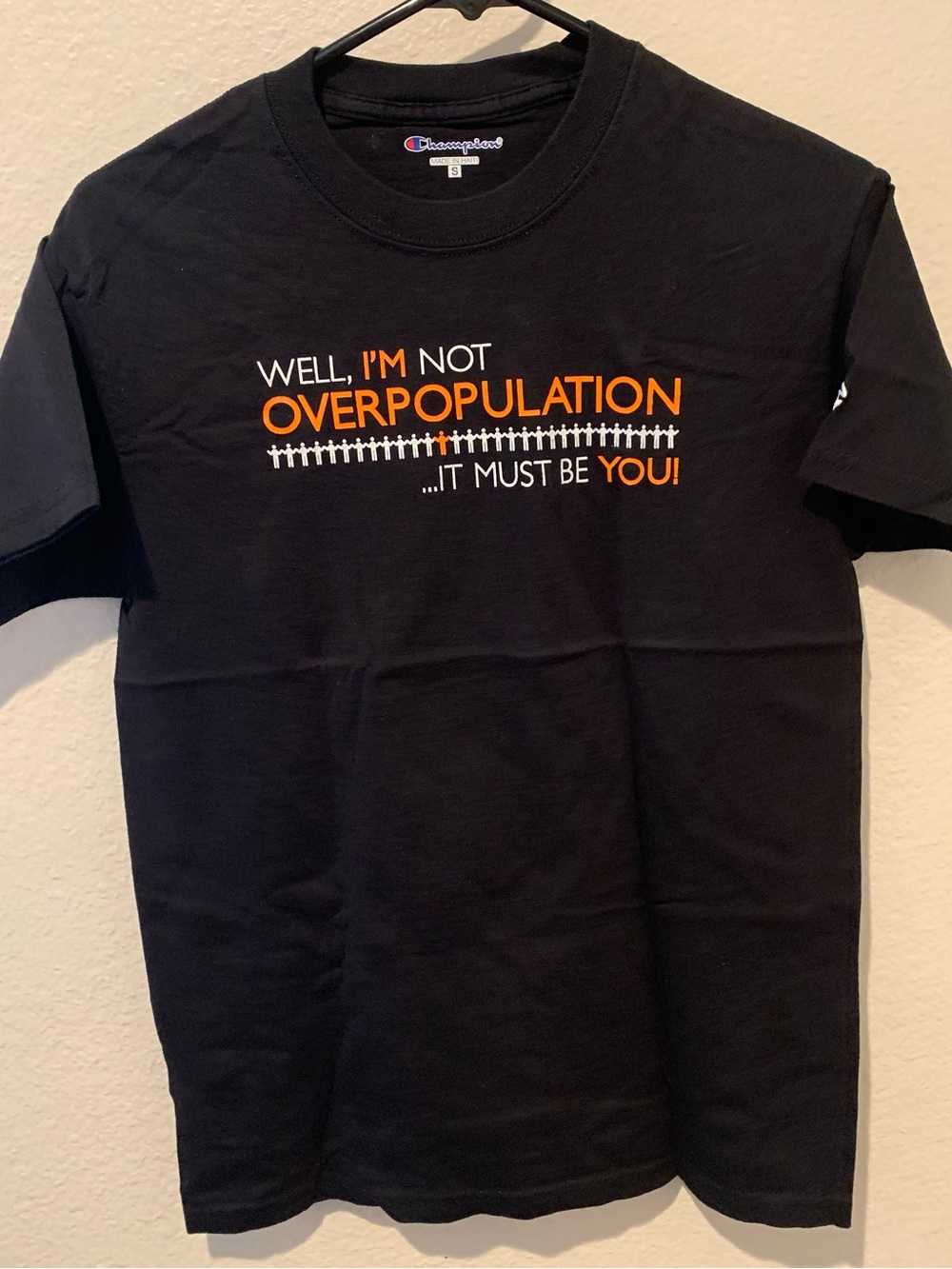 Champion Black Short Sleeve Tee with Orange & White Graphic NWOT unisex